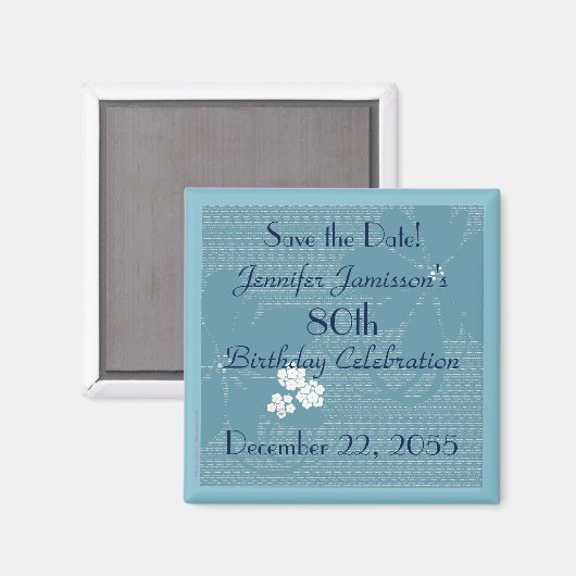80e verjaardag Save the Date Blue Floral Magnet (Voorkant / Achterkant)