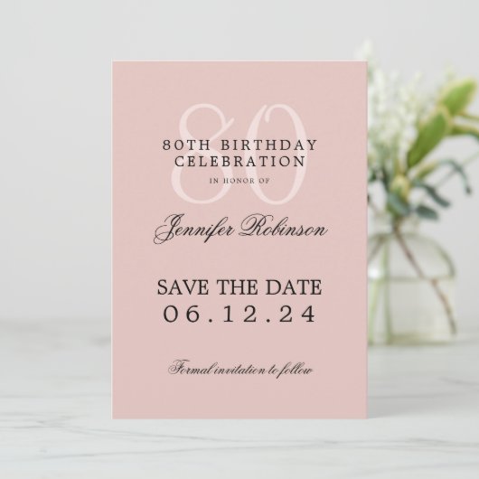 80e verjaardag Save the Date Blush Pink Kaart (Staand voorkant)