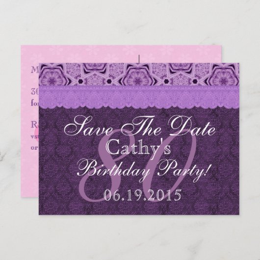 80e Verjaardag Save the Date Paarse Antiek Kant Aankondigingskaart (Voorkant / Achterkant)