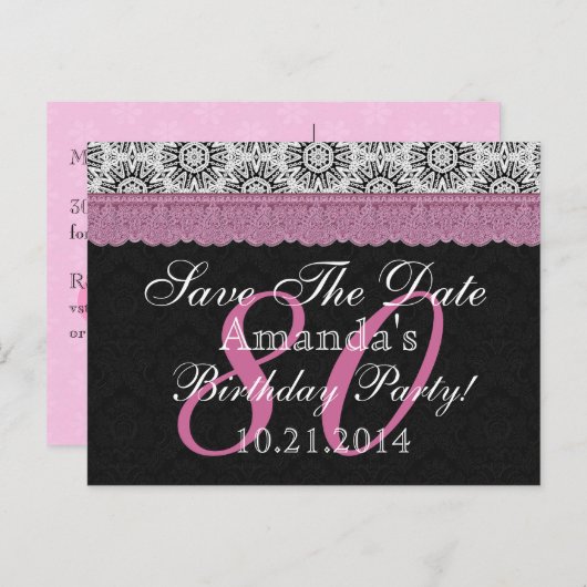 80e verjaardag Save the Date Zwart Wit Roze Aankondigingskaart (Voorkant / Achterkant)