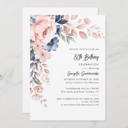 80e verjaardag script roze bloemenfeestje kaart (Voorkant / Achterkant)