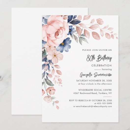 80e verjaardag Script roze bloemfeest Kaart (Voorkant / Achterkant)