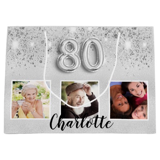 80e verjaardag Silver Glitter stoffotomonogram Groot Cadeauzakje (Voorkant)