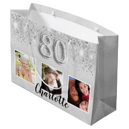 80e verjaardag Silver Glitter stoffotomonogram Groot Cadeauzakje