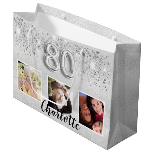 80e verjaardag Silver Glitter stoffotomonogram Groot Cadeauzakje (Voorkant Gekanteld)