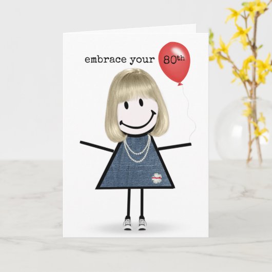 80e verjaardag Stick Figuur Girl met rode ballon Kaart (Gele Bloem)