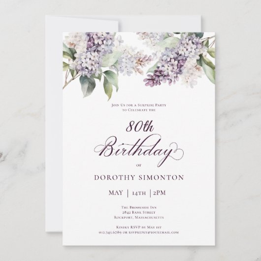 80e Verjaardag Surprise Party Paarse Lila Bloem Kaart (Voorkant)