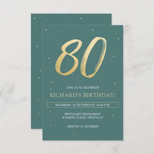 80e verjaardag Uitnodigen met Sage Green en Gold Kaart (Voorkant / Achterkant)