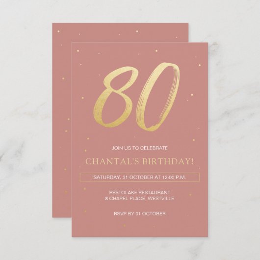 80e verjaardag Uitnodigen met stoffig roze en goud Kaart (Voorkant / Achterkant)
