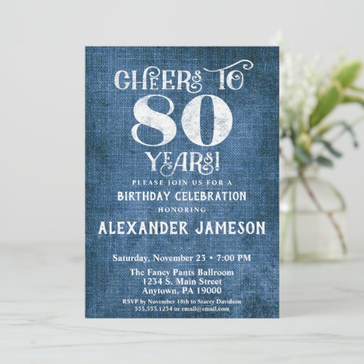 80e verjaardag Uitnodiging Blauwe linen Rustic Che (Staand voorkant)