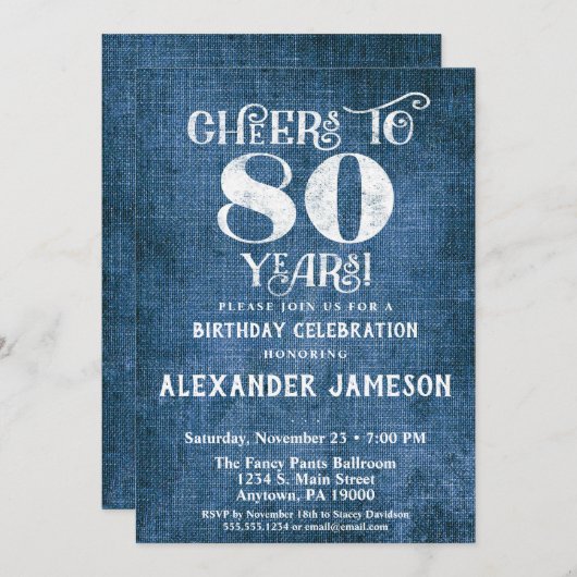 80e verjaardag Uitnodiging Blauwe linen Rustic Che (Voorkant / Achterkant)