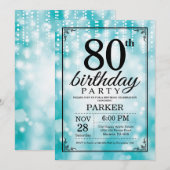 80e verjaardag Uitnodiging Blauwgroen Glitter (Voorkant / Achterkant)