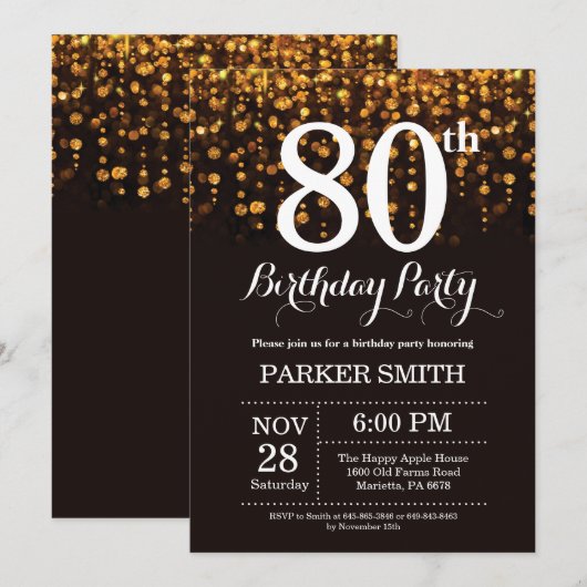 80e verjaardag uitnodiging Gold Glitter (Voorkant / Achterkant)