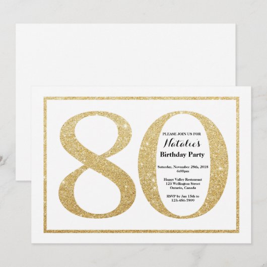 80e verjaardag uitnodiging Gold Glitter (Voorkant / Achterkant)