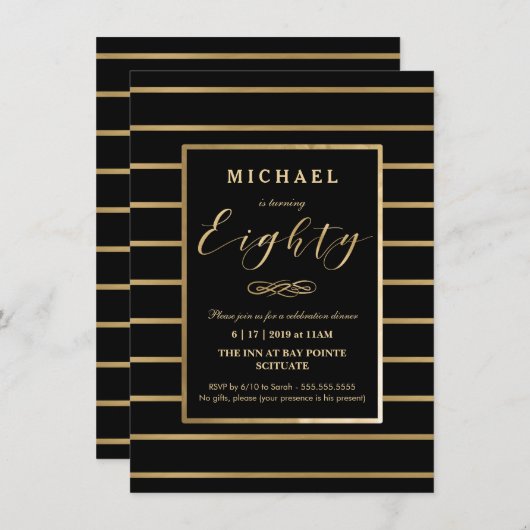 80e verjaardag uitnodiging - Goud, Elegant Manneli (Voorkant / Achterkant)