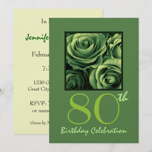80e verjaardag Uitnodiging Kelly Green Rozen (Voorkant / Achterkant)