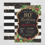 80e verjaardag uitnodiging. Kerstrood zwart goud Kaart (Voorkant / Achterkant)
