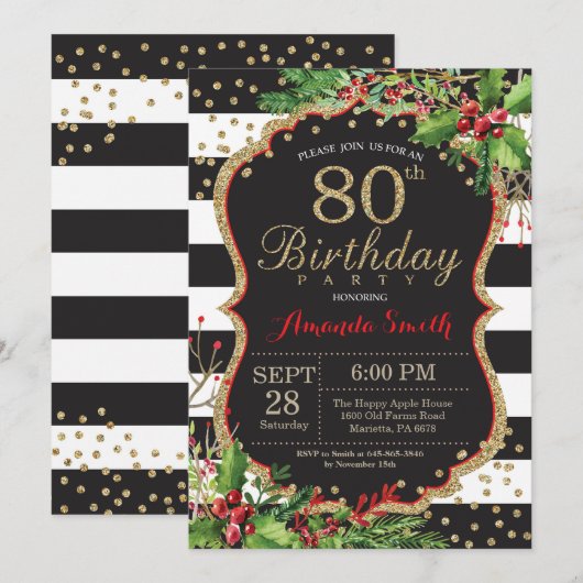 80e verjaardag uitnodiging. Kerstrood zwart goud Kaart (Voorkant / Achterkant)