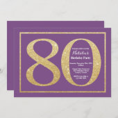 80e verjaardag Uitnodiging Paars en Glitter (Voorkant / Achterkant)