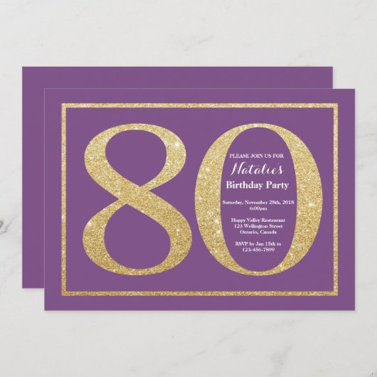 80e verjaardag Uitnodiging Paars en Glitter (Voorkant / Achterkant)