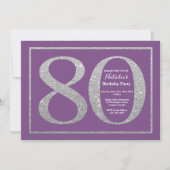 80e verjaardag uitnodiging Paarse en zilveren glit (Voorkant)