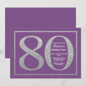 80e verjaardag uitnodiging Paarse en zilveren glit (Voorkant / Achterkant)