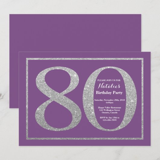80e verjaardag uitnodiging Paarse en zilveren glit (Voorkant / Achterkant)