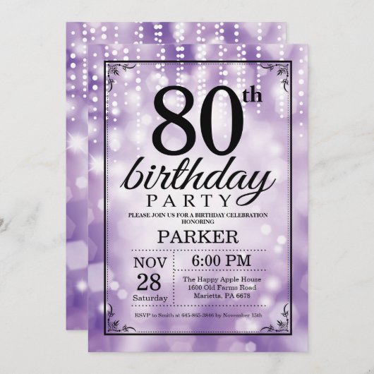 80e verjaardag uitnodiging Paarse glitter (Voorkant / Achterkant)