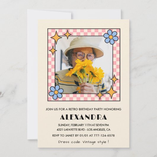 80e verjaardag uitnodiging Retro Groovy Blue Flora (Voorkant)