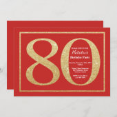 80e verjaardag Uitnodiging rood en goudglitter (Voorkant / Achterkant)