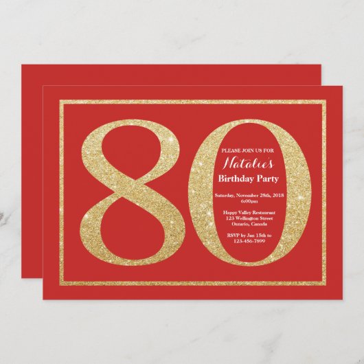 80e verjaardag Uitnodiging rood en goudglitter (Voorkant / Achterkant)