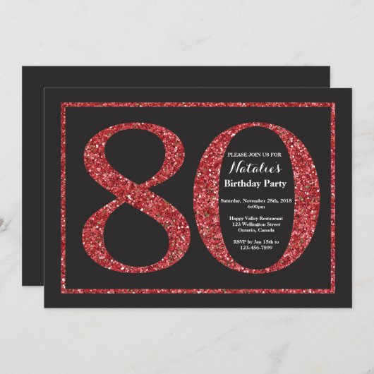 80e verjaardag Uitnodiging rood glitter karton (Voorkant / Achterkant)