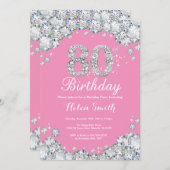 80e verjaardag uitnodiging roze en zilveren diaman (Voorkant / Achterkant)