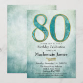 80e verjaardag Uitnodiging Turquoise Blue Gold Adu (Voorkant / Achterkant)