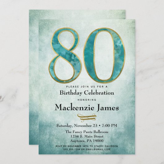 80e verjaardag Uitnodiging Turquoise Blue Gold Adu (Voorkant / Achterkant)
