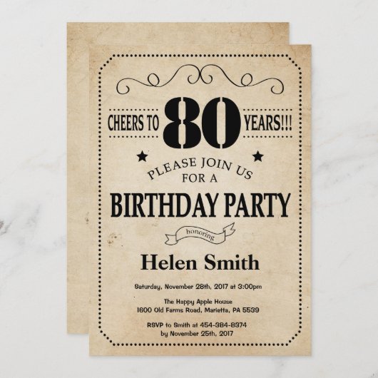 80e verjaardag Uitnodiging Uitnodiging Rustic  Ret (Voorkant / Achterkant)