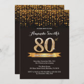 80e verjaardag uitnodiging zwart en goud glitter (Voorkant / Achterkant)