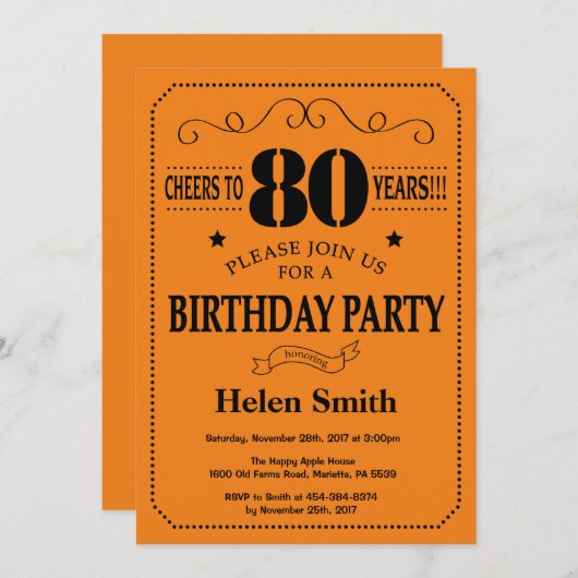 80e verjaardag uitnodiging zwart en Sinaasappel (Voorkant / Achterkant)