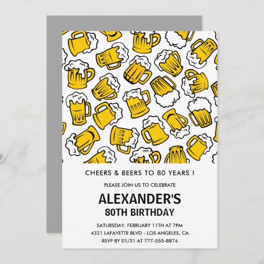 80e verjaardag uitnodigingen Mannen Cheers en Beer (Voorkant / Achterkant)