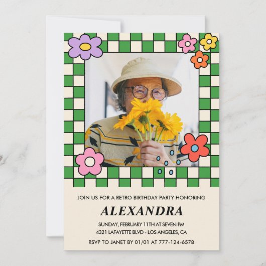 80e verjaardag uitnodigingen Retro Groovy Bloemen (Voorkant)