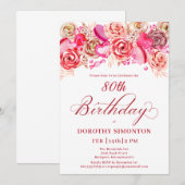 80e Verjaardag Valentijn Roze Rose Swirly Heart Kaart (Voorkant / Achterkant)