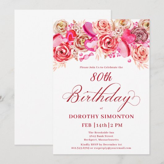 80e Verjaardag Valentijn Roze Rose Swirly Heart Kaart (Voorkant / Achterkant)