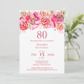 80e Verjaardag Valentijn Roze Rose Swirly Heart Kaart (Staand voorkant)