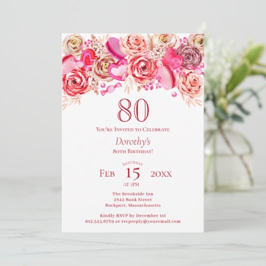 80e Verjaardag Valentijn Roze Rose Swirly Heart Kaart (Staand voorkant)