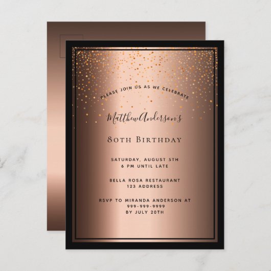 80e verjaardag van de brontbruine zwarte uitnodigi briefkaart (Voorkant / Achterkant)