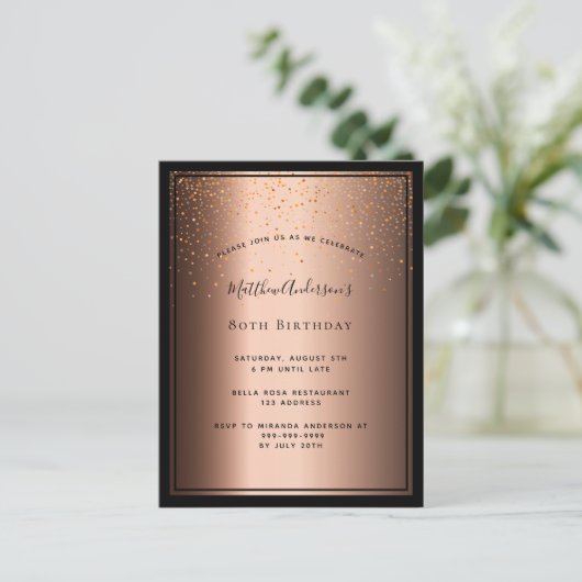 80e verjaardag van de brontbruine zwarte uitnodigi briefkaart (Staand voorkant)