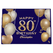80e verjaardag van de marineblauw en goudballonnen groot cadeauzakje (Voorkant)
