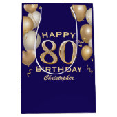 80e verjaardag van de marineblauw en goudballonnen medium cadeauzakje (Voorkant)