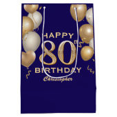 80e verjaardag van de marineblauw en goudballonnen medium cadeauzakje (Achterkant)