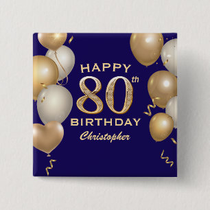 80e verjaardag van de marineblauw en goudballonnen vierkante button 5,1 cm